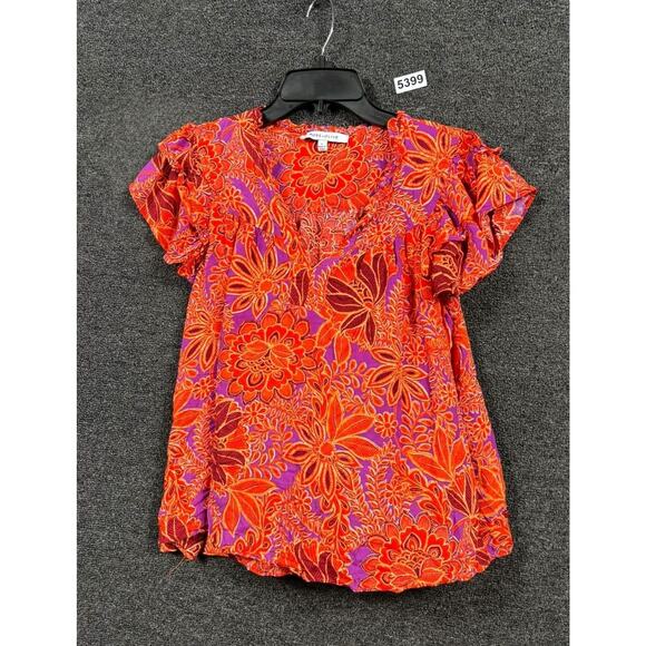 Rose & Olive Blouse Red Pink Orange Floral Flutter Sleeve Womens Size L - Picture 1 of 7